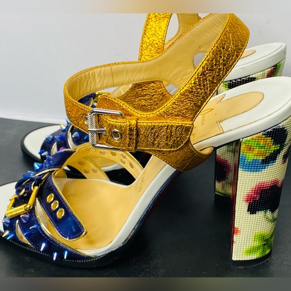 Metallic Gold & Blue Studded Women’s High Heel Sandals - Picture 9 of 16